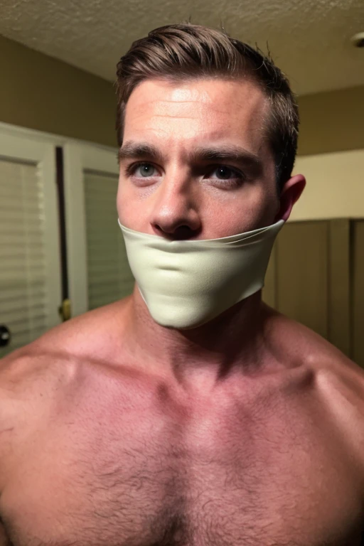 handsome 30s man, muscular, stubble, bearded, hairy chest, short brown hair, looking at viewer, sad, tape gag, tape wrapped around face, tape wrapped, wrap gag, tightly bound