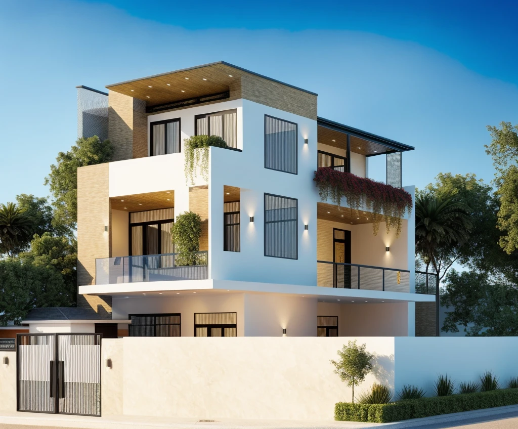 The house, The town house is made from white walls, beautyful light, beautyfulday, sunny, Many red bougainvilleas along the road:1.3, lovely youthful feeling :1.2, sunlight at 12 noon, Very beautiful shadows