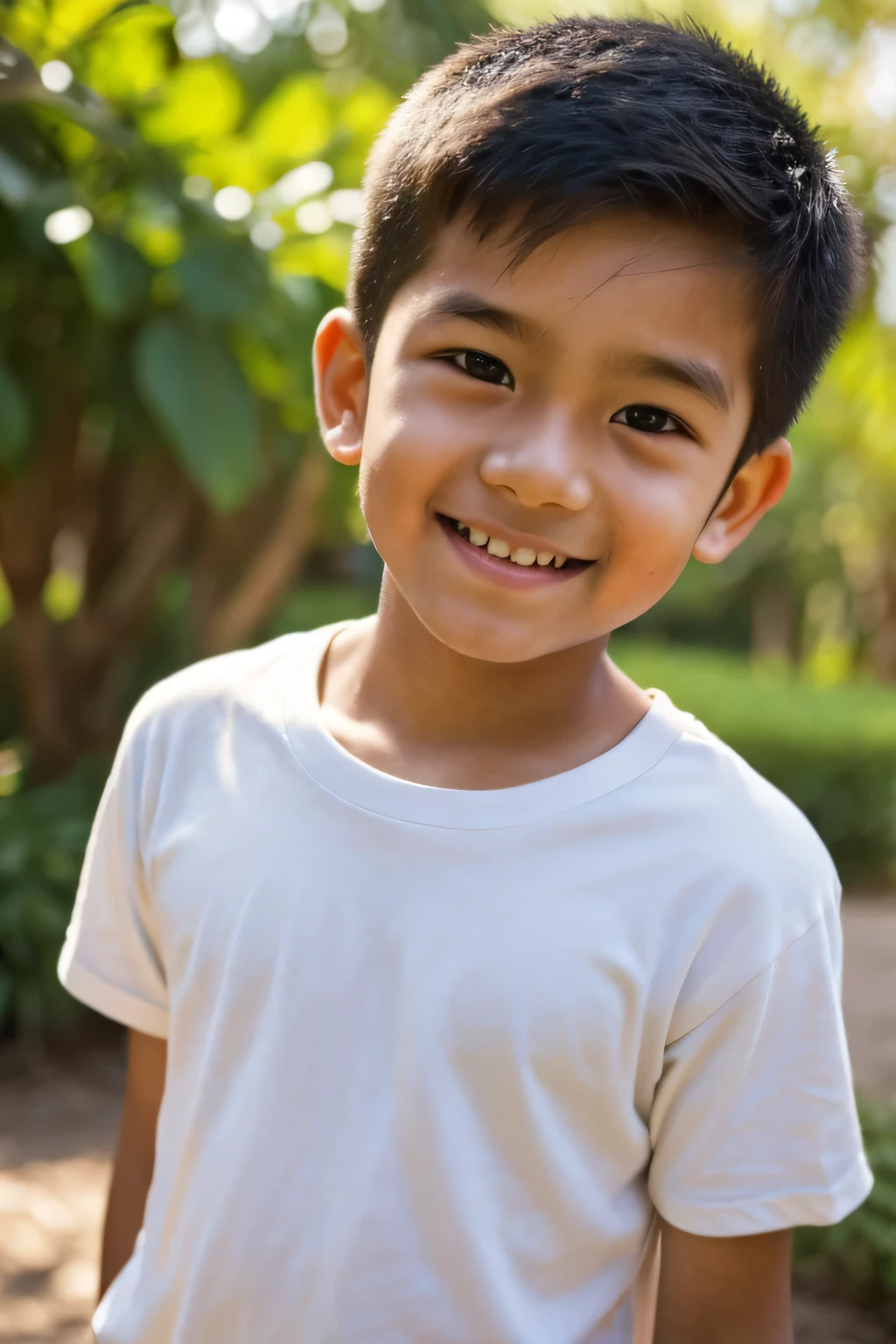 here is a   Arafed young boy wearing a white t-shirt, awesome hair style, a little smile, looking at viewer, Cute boy, close up portrait shot, Happy boy, joyful expressions, medium portrait soft light, kid a, young cute asian face, real child body lines, elderly stranger on the yard, awkward situation, many people at There, Detailed background, cinematic light, soft light, detailed background, clear background, highly detail
