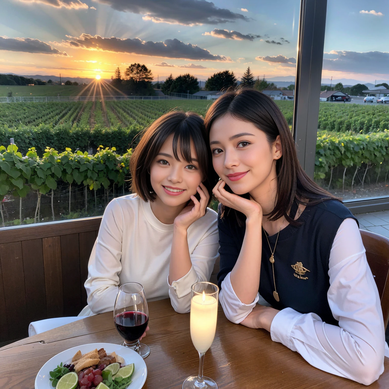 ((Highest quality、8K、masterpiece:1.3))、 (Genuineistic, Genuine、Bright image、Intricate details:1.2), 最高のsmile、1 male、1 female、Beautiful couple、Love Love Love、fiancee、Good friends、actress couple、smile、Full-course dinner at a packed table、 (Slim face), (the body is slim), (Brown Hair), (short hair), テーブルのwine glass、Please shine a light on my face、 Amazing view of the sunset sky and clouds、9 years old, red wine 、Appetizers、Wine bottle、sparkling wine、Long sleeve shirt、dress、White wine, red wine, wine glass,