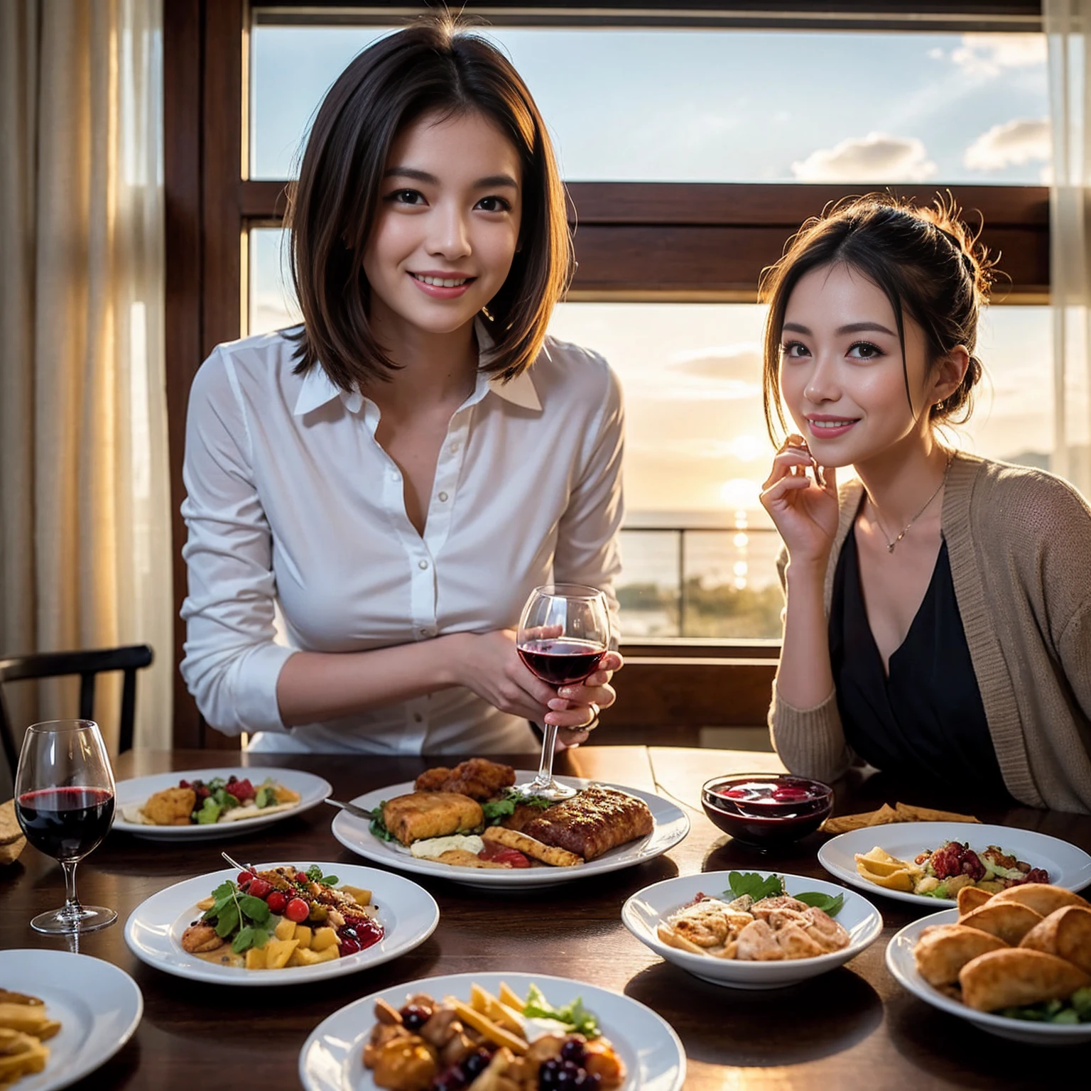 ((Highest quality、8K、masterpiece:1.3))、 (Genuineistic, Genuine、Bright image、Intricate details:1.2), 最高のsmile、1 male、1 female、Beautiful couple、Love Love Love、fiancee、Good friends、actress couple、smile、Full-course dinner at a packed table、 (Slim face), (the body is slim), (Brown Hair), (short hair), テーブルのwine glass、Please shine a light on my face、 Amazing view of the sunset sky and clouds、, red wine 、Appetizers、Wine bottle、sparkling wine、Long sleeve shirt、dress、White wine, red wine, wine glass,