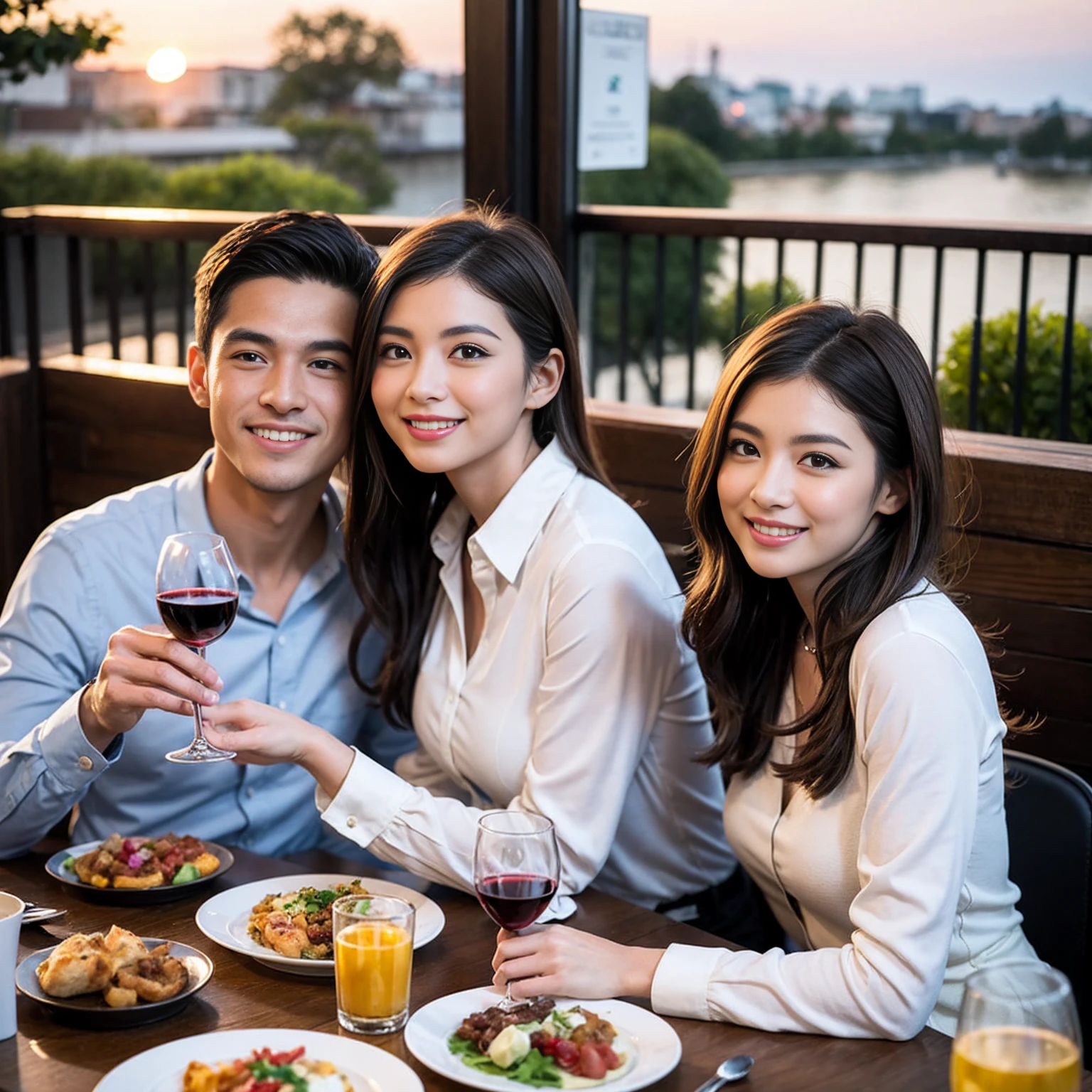 ((Highest quality、8K、masterpiece:1.3))、 (Genuineistic, Genuine、Bright image、Intricate details:1.2), 最高のsmile、1 male、1 female、Beautiful couple、Love Love Love、fiancee、Good friends、actress couple、smile、Full-course dinner at a packed table、 (Slim face), (the body is slim), (Brown Hair), (short hair), テーブルのwine glass、Please shine a light on my face、 Amazing view of the sunset sky and clouds、9 years old, red wine 、Appetizers、Wine bottle、sparkling wine、Long sleeve shirt、dress、White wine, red wine, wine glass,