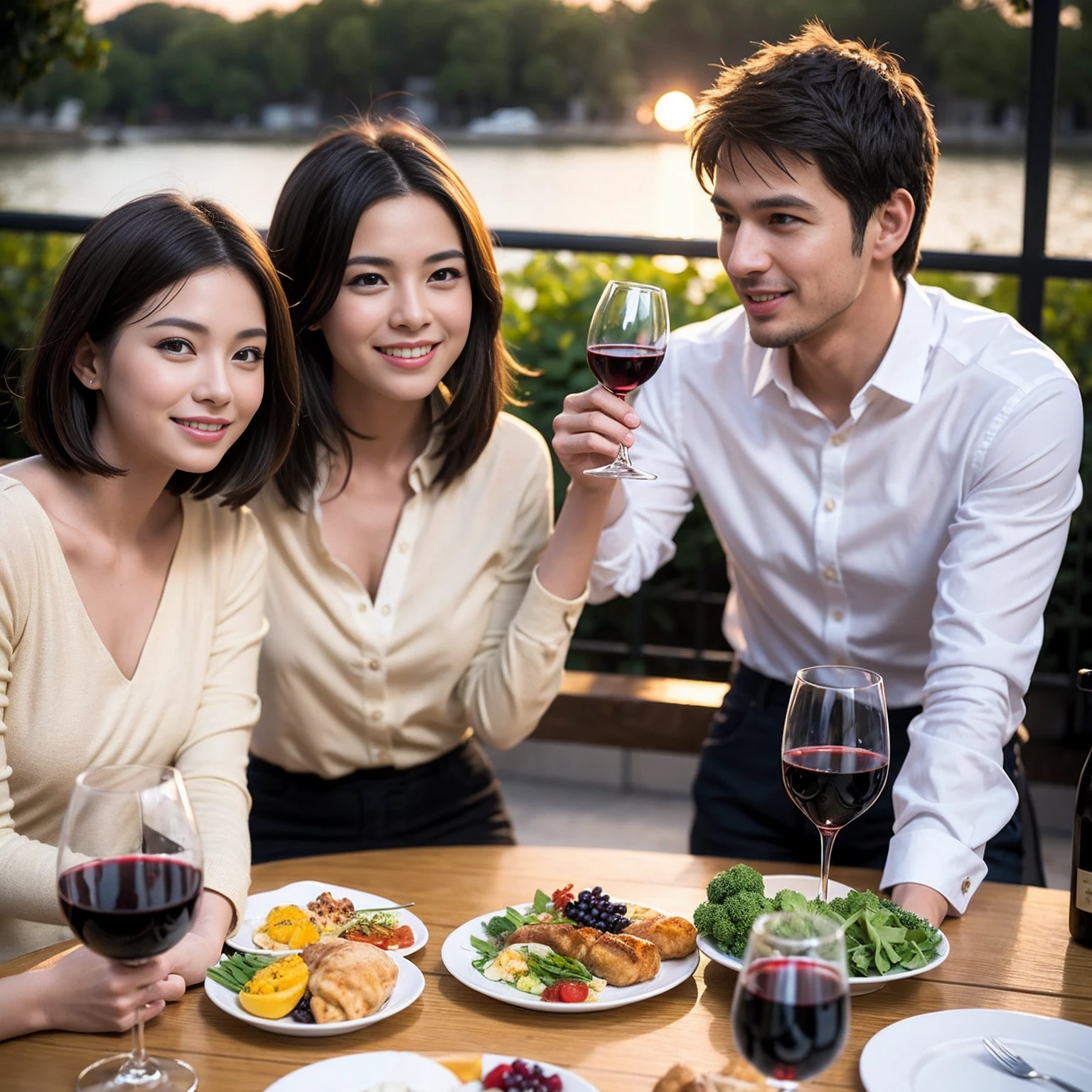 ((Highest quality、8K、masterpiece:1.3))、 (Genuineistic, Genuine、Bright image、Intricate details:1.2), 最高のsmile、1 male、1 female、Beautiful couple、Love Love Love、fiancee、Good friends、actress couple、smile、Full-course dinner at a packed table、 (Slim face), (the body is slim), (Brown Hair), (short hair), テーブルのwine glass、Please shine a light on my face、 Amazing view of the sunset sky and clouds、, red wine 、Appetizers、Wine bottle、sparkling wine、Long sleeve shirt、dress、White wine, red wine, wine glass,