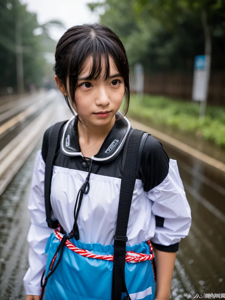 songkran,Wet roads , soaked through,drenched, Dripping, Wet Face,Wet clothes, Wet Skin, Wet Hair,A young woman with a cute face like an idol,chest,chest元が見えるデザインのメイド服,cling,RAW Photos,Genuine,Genuine,High resolution,RAW Photos,masterpiece, Genuineistic, beautiful