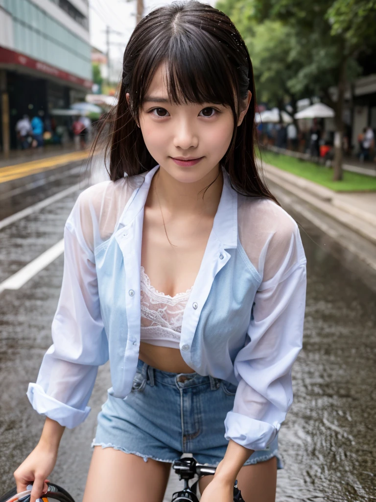 songkran,Wet roads , soaked through,drenched, Dripping, Wet Face,Wet clothes, Wet Skin, Wet Hair,A young woman with a cute face like an idol,chest,(evening),(Cinema lighting),(High level of artistry),RAW Photos,Genuine,Genuine,High resolution,RAW Photos,masterpiece, beautiful