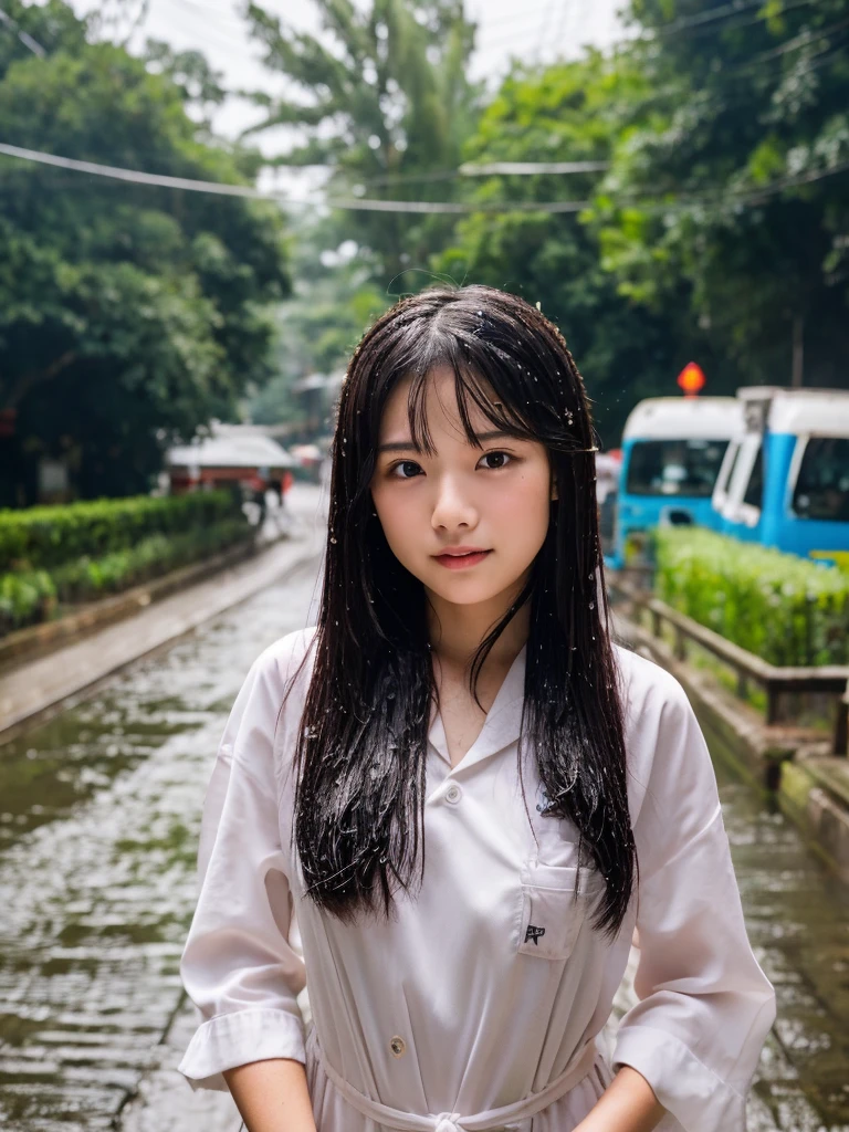 songkran,Wet roads , soaked through,drenched, Dripping, Wet Face,Wet clothes, Wet Skin, Wet Hair,A young woman with a cute face like an idol,chest,chest元が見えるデザインのメイド服,cling,RAW Photos,Genuine,Genuine,High resolution,RAW Photos,masterpiece, Genuineistic, beautiful