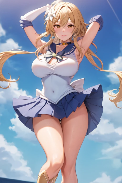 masterpiece, high definition, best quality, rendered art, well formed hands, fingers and body, 1 woman, solo, Lumine, adult, grown up, wearing Sailor Moon's outfit, big breasted, cleavage, full body, sexy sailor senshi uniform, short blue skirt, red boots, gorgeous hips, legs and thighs, white elbow gloves, sailor collar, tiara, earrings, dancing seductively and erotically, shaking her body, wind is lifting her skirt, smiling joyfully and brightly, looking at the viewer, flirting, beach environment