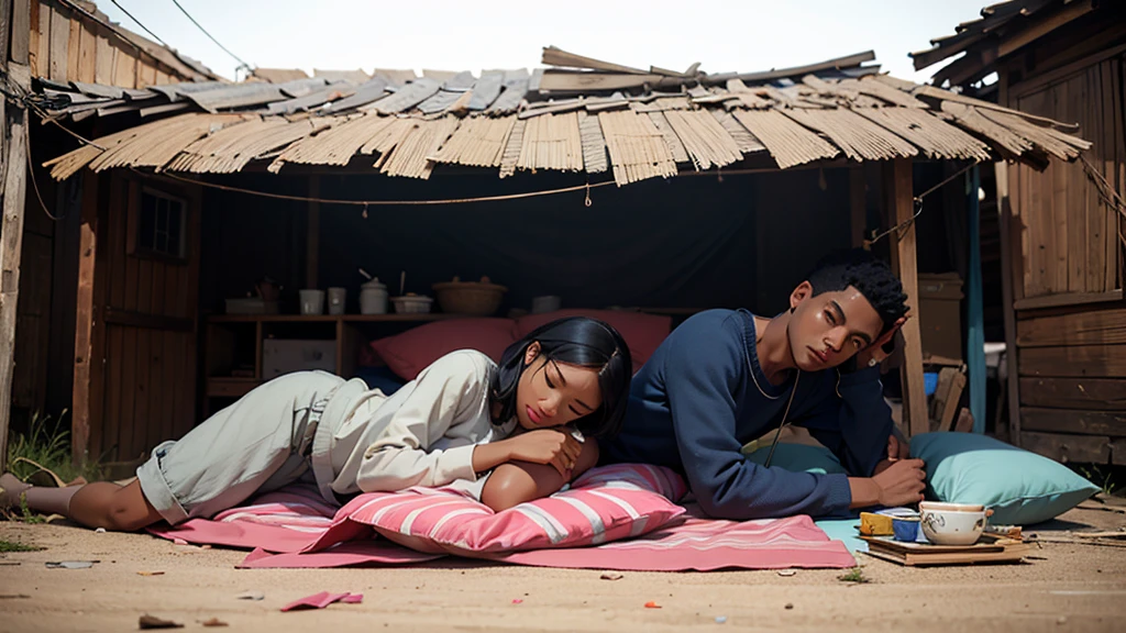 , young black man sleeping in bed with his mother, simple house, periphery, shanty town 