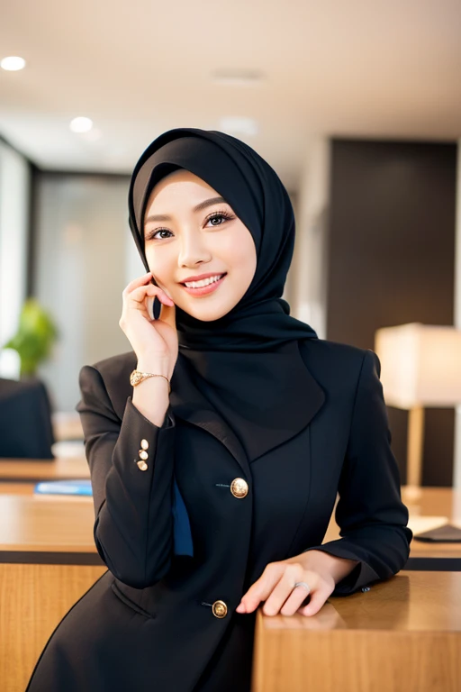 a beautiful 42 year old busty indonesian woman, formal hijab suit with blazer,  beautiful smile showing teeth, boss, full body portrait, (best quality,4k,8k,highres,masterpiece:1.2),ultra-detailed,(realistic,photorealistic,photo-realistic:1.37),hyper detailed face,extremely detailed eyes and face,detailed makeup,long eyelashes,beautiful detailed lips,elegant pose,confident expression,warm lighting,cinematic angle,office interior background,high quality,intricate details