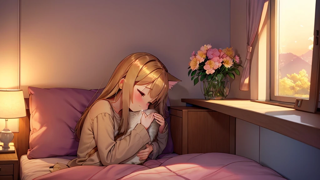 In a cozy, well-furnished bedroom filled with the soft glow of evening light, a teenage girl sits on her bed, her eyes gently fixed on the vibrant hues of the sunset outside her window. On the bed, a fluffy cat curls up, purring softly. The soothing rhythms of lo-fi music fill the room, blending harmoniously with the tranquil ambiance. Fresh flowers add a touch of nature's beauty, their colors vibrant against the soft pastels of the room. A neat desk stands against one wall, adorned with a computer, a stylish clock, and a few personal knick-knacks. The scene captures a peaceful moment of connection between the girl and her feline companion, as they watch the day fade into night together.