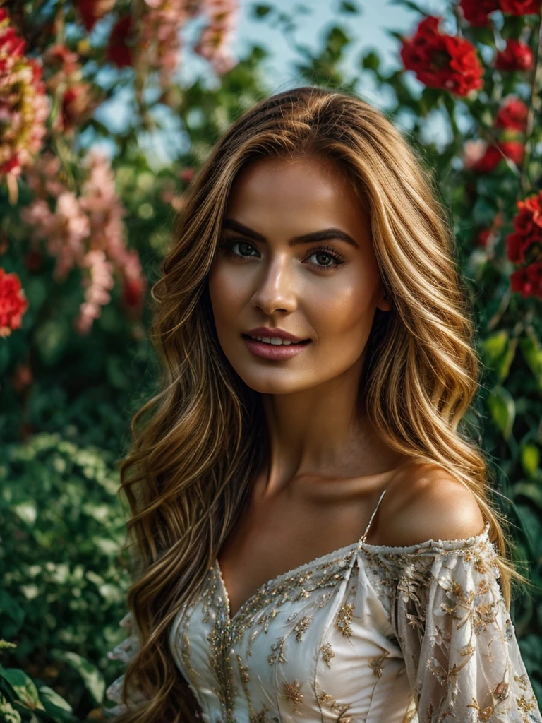 Generate an extremely photorealistic image of a gorgeous professional female Instagram influencer model with long reddish-blonde hair, captivating eyes, sitting in a lush garden, surrounded by blooming flowers, wearing a flowy dress, and looking serene. The scene should feature lifelike textures and details, with the soft lighting of the afternoon sun illuminating her serene expression and the vibrant, blooming flowers. Keywords: 64K, photorealistic, UHD, hyper-detailed, HDR, professional photography, realistic rendering, lifelike, serene, blooming flowers.
Keywords: Photorealistic, Cinematic, full-body portrait, gorgeous professional female Instagram influencer model, long reddish-blonde hair, captivating eyes, meticulously rendered, textures, realistic lighting and shadows, cinematic composition, lifelike, immersive, beauty.