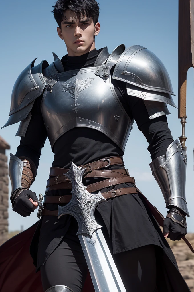 Make a picture of a 23 year old athletic man Tall man with short black hair , a modern medieval armor with shoulder pads and armlets An exaggeratedly large sword in his right hand He looks like Guts from Berserk