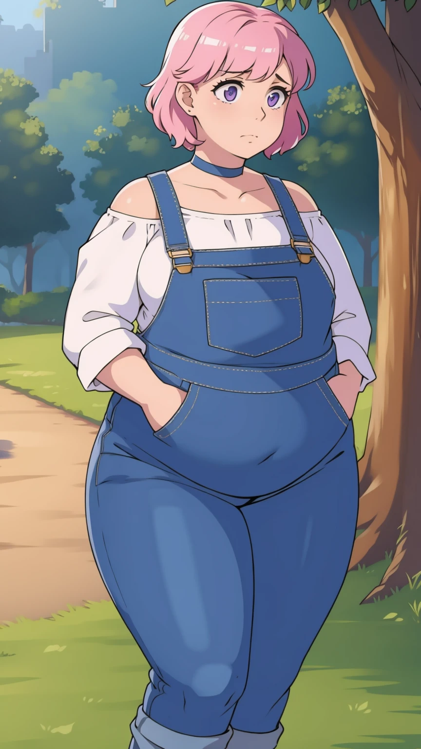 (Pale skin:1.0)Up close, Holding belly, hands on belly, outgrown clothes, (Sad:1.1), (Sad face:1.1)Pale skin, (Obese:1.1),fat, Slightly chubby, sad, farm backround, upper body, looking at viewer, 1girl, solo, short pink hair, (dark blue choker), (dark blue denim overalls), (purple eyes), (pink boots), (white shoulder lantern sleeve blouse, tucked in pants