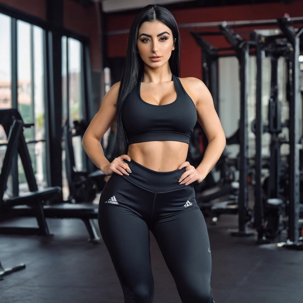 1 girl, a 24 year old Armenian woman, wearing seductive gym clothes, thin, small bust, black hair, emphasis on ass, showing off her glutes 