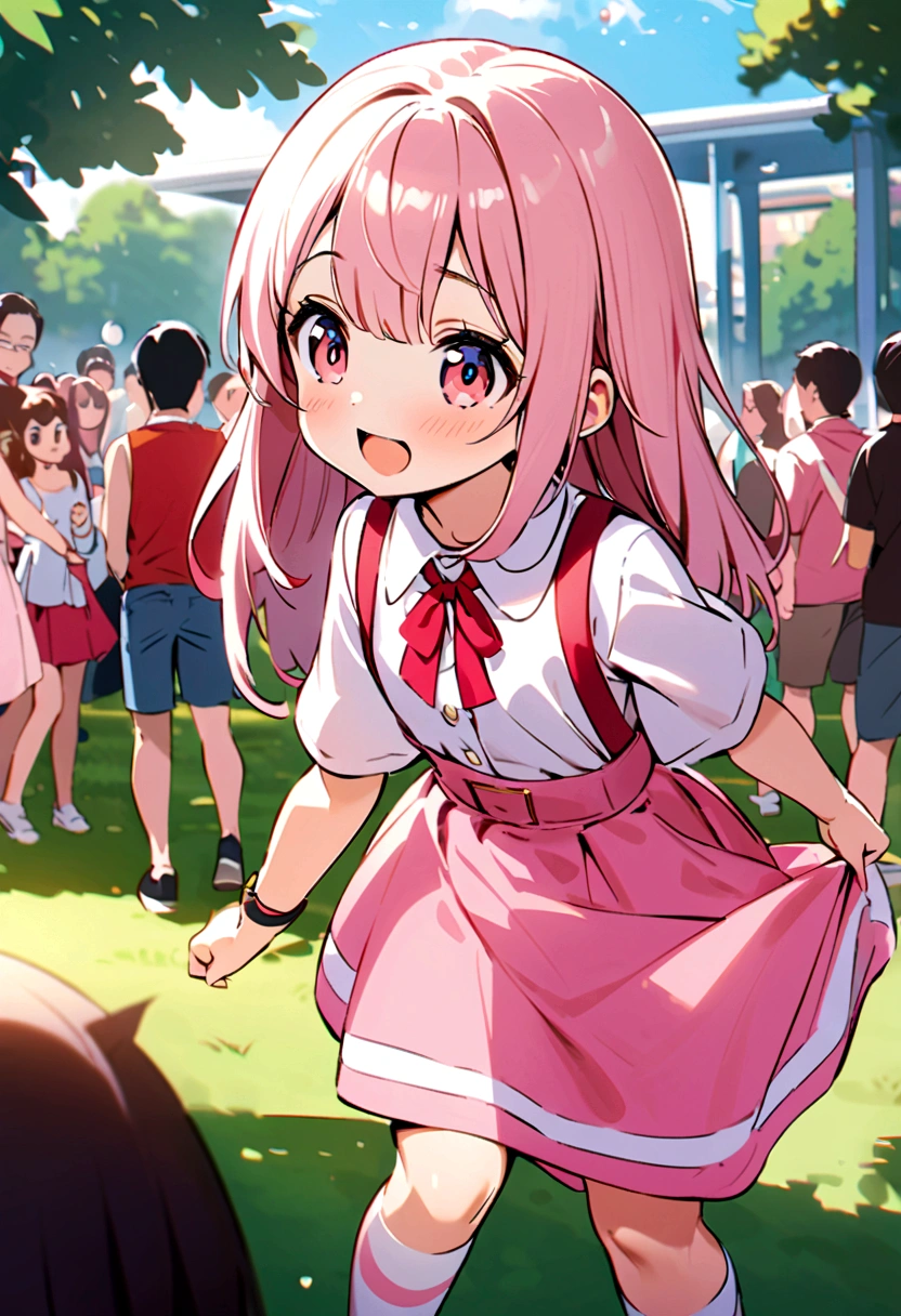 8 years old、Pink dress、Skirt Lift、Striped underwear!In the crowd at the park