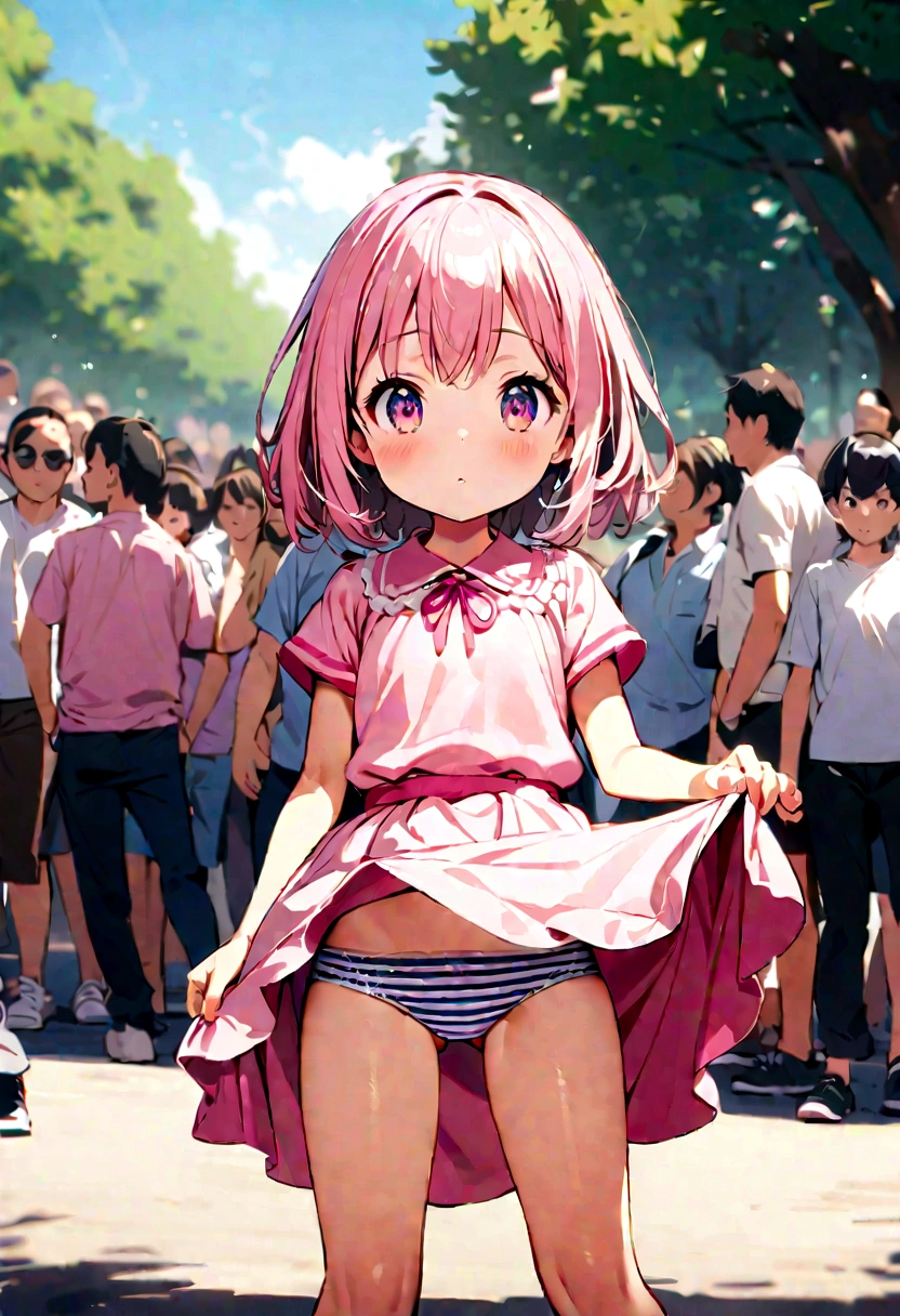 、Pink dress、Skirt Lift、Striped underwear!In the crowd at the park