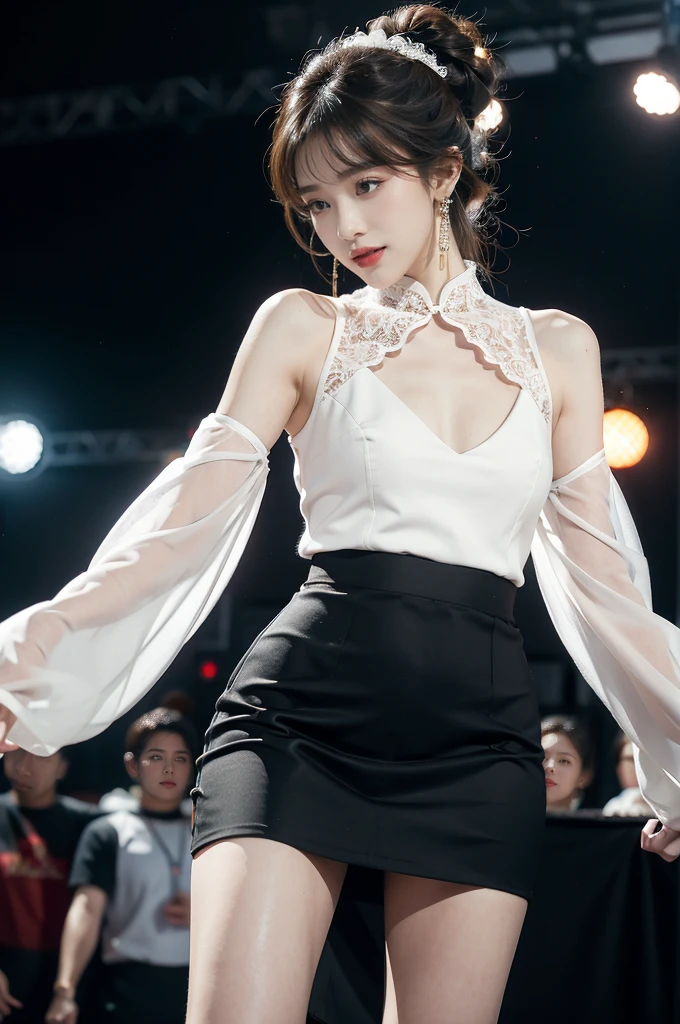 1girl,bangs,bare arms,collar,lace,see through,maxi white cheongsam,detailed background,detailed eyes,brown hair,earrings,upper body,jewelry,slim,flat chest,ponytail,headdress,looking at viewer,makeup,night scene,red lips,signature,laughing,solo,standing,slender legs,pantyhose,high heels,On the T-stage,catwalk,fashion show,Surrounded by crowded crowds on both sides of the stage,neon lights,from front