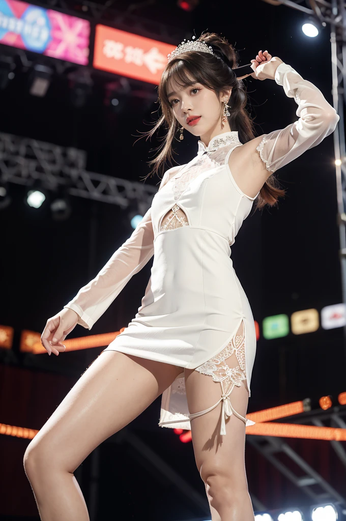 1girl,bangs,bare arms,collar,lace,see through,maxi white cheongsam,detailed background,detailed eyes,brown hair,earrings,upper body,jewelry,slim,flat chest,ponytail,headdress,looking at viewer,makeup,night scene,red lips,signature,laughing,solo,standing,slender legs,pantyhose,high heels,On the T-stage,catwalk,fashion show,Surrounded by crowded crowds on both sides of the stage,neon lights,from front