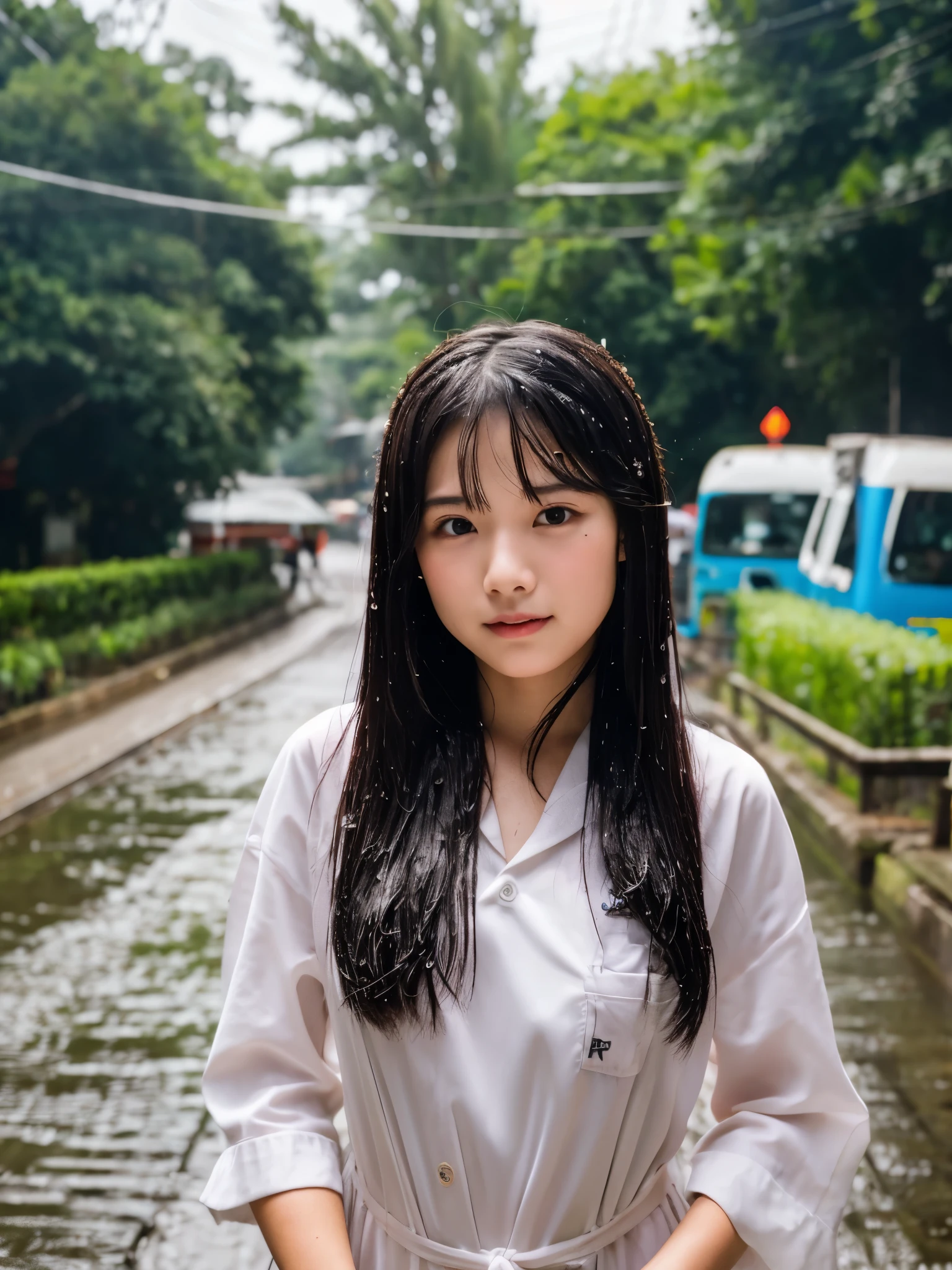 songkran,Wet roads , soaked through,drenched, Dripping, Wet Face,Wet clothes, Wet Skin, Wet Hair,A young woman with a cute face like an idol,chest,chest元が見えるデザインのメイド服,cling,RAW Photos,Genuine,Genuine,High resolution,RAW Photos,masterpiece, Genuineistic, beautiful