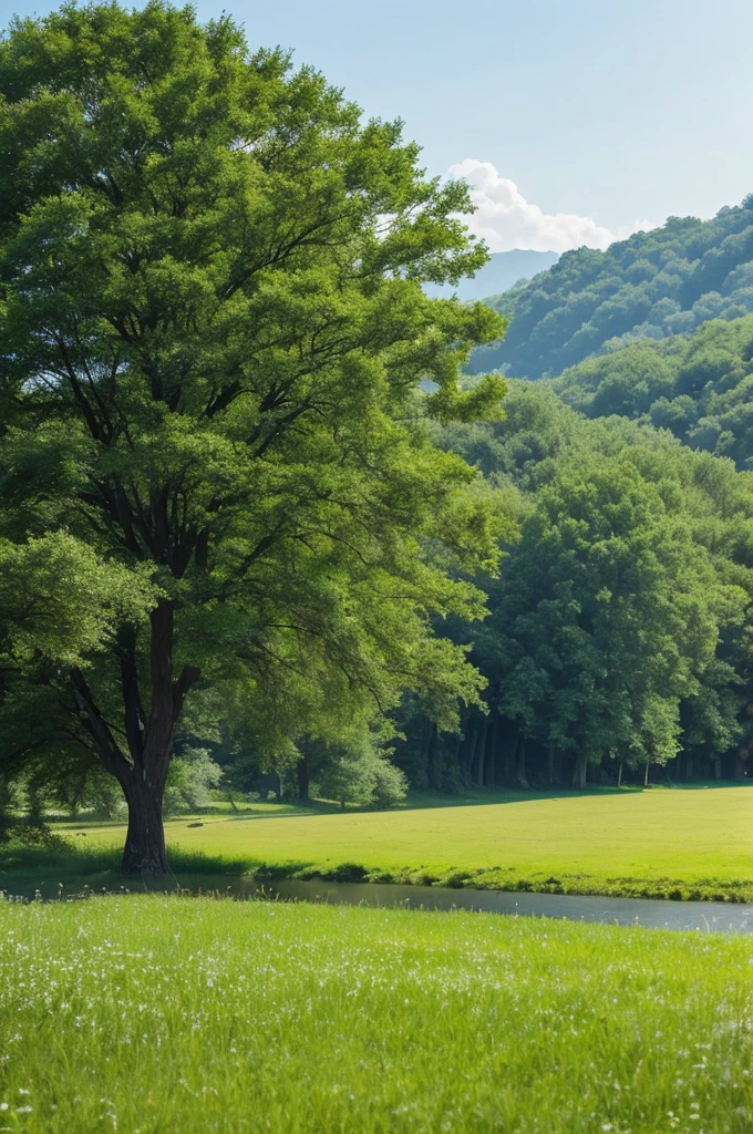 Grass and trees are blowing in the strong wind on the vast grassland。A meadow with a stream、Nobody is here、There is no one、Landscape painting、No person required、No building required、Only trees and grass are needed