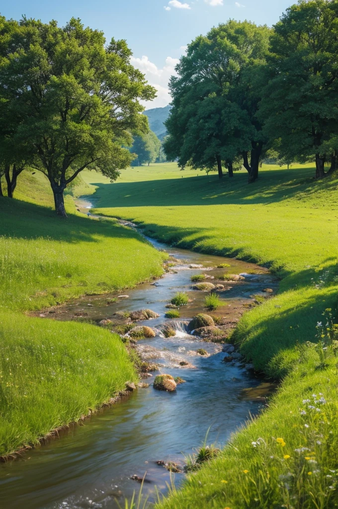 Grass and trees are blowing in the strong wind on the vast grassland。A meadow with a stream、Nobody is here、There is no one、Landscape painting、No person required、No building required、Only trees and grass are needed