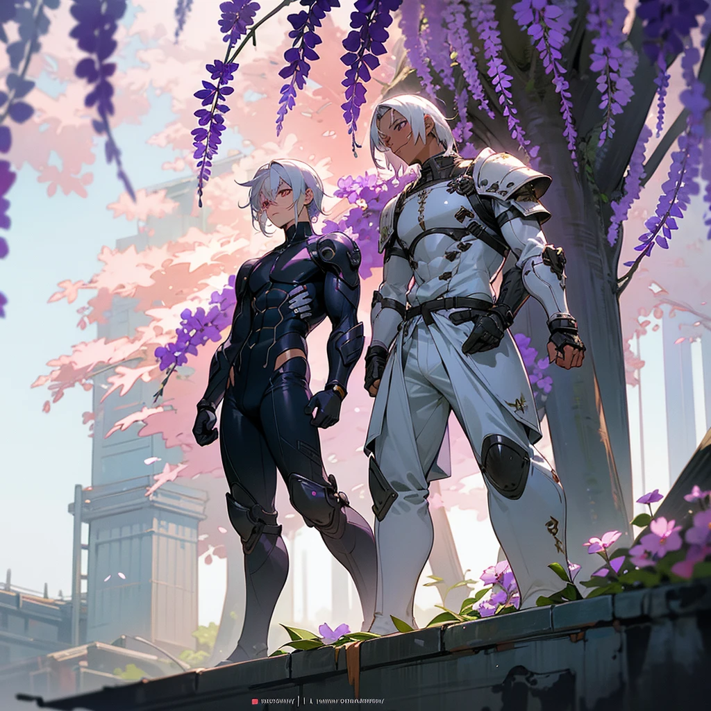 1male, young adult, dark skin, finely detailed plum eyes, wild medium hair, seashell white hair color, full body combat suit, shoulder armor pieces, combat boots, baggy miltarty combat pants, standing on ruined building, day time, tokyo streets, somber expression, muscular, tattoos, wisteria flowers, scars