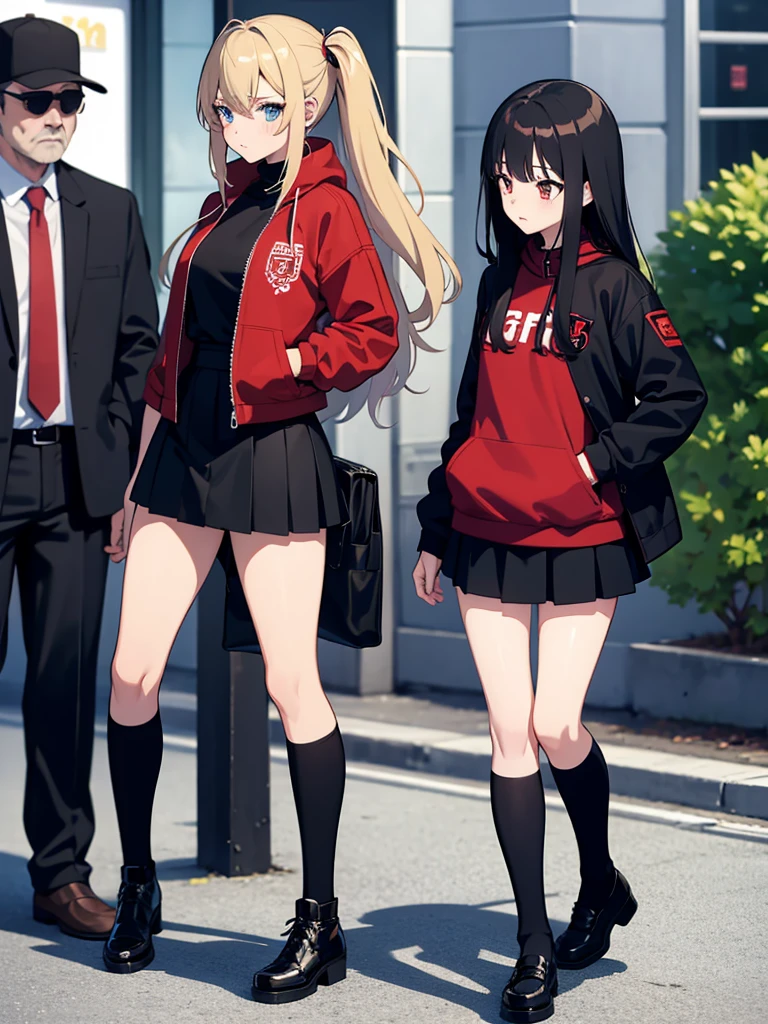 Anime girl, waiting hand, full body, street, embarrased face, Teenagers, black t-shit, red jacket, open jacket, black stocking, black short skirt, 
