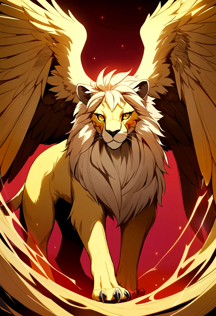 The eagle that like a lion and a dear , wings , 4 legs , ears , hair , green red aura , yellow tourqoise orange eyes , yellow fur , not a human , horn