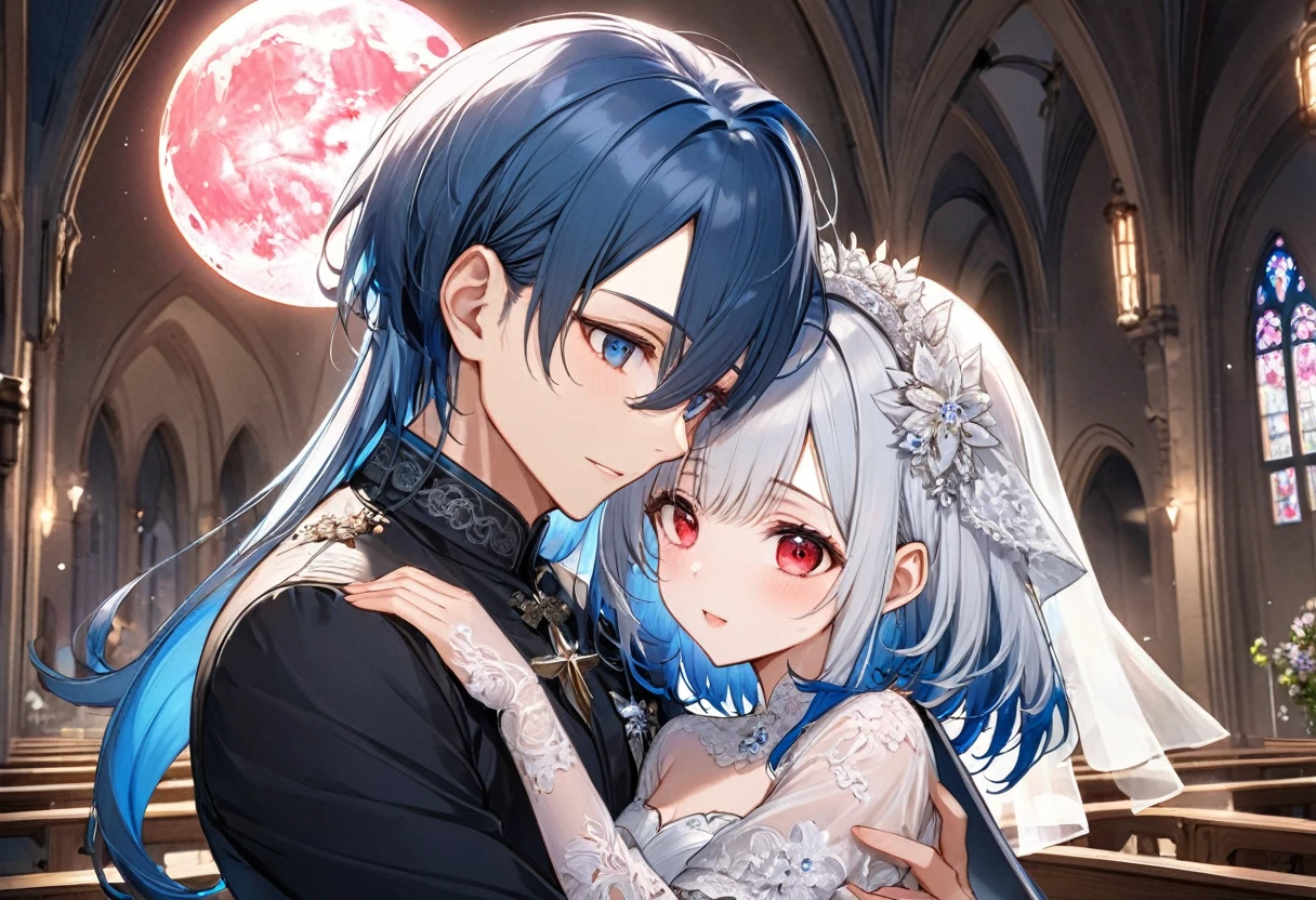 {(a crew cut silver hair very short hair divine cool boy, detailed red eyes, Confusion face, flat chest) is (hugging her head)}, and, {(a forehead blue hair long hair cute bride girl, cute blue eyes)}, (in the Chapel Terrace), (background detailed biggest pink moon), BREAK, perfect anatomy, masterpiece, best quality, 16k, beautiful detailed night, daydreaming expression.