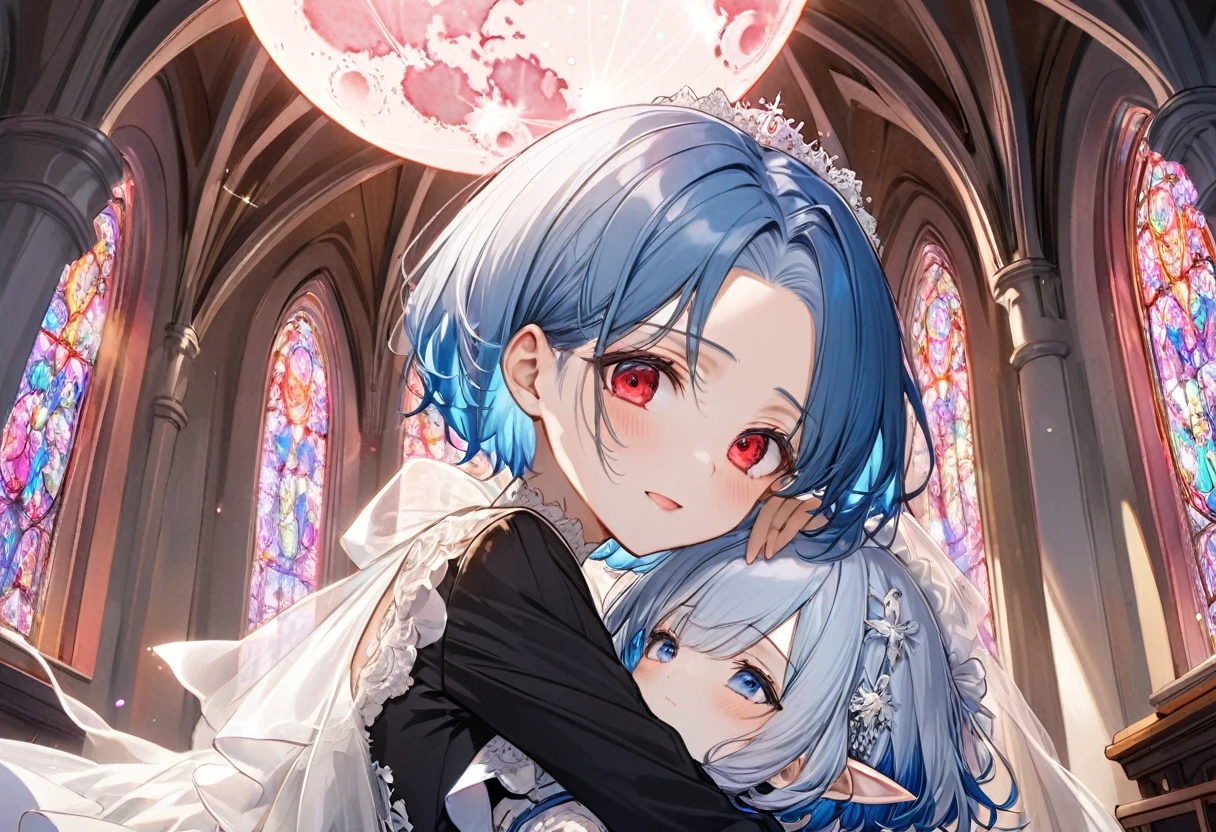 {(a crew cut silver hair very short hair divine cool boy, detailed red eyes, Confusion face, flat chest) is (hugging her head)}, and, {(a forehead blue hair long hair cute bride girl, cute blue eyes)}, (in the Chapel Terrace), (background detailed biggest pink moon), BREAK, perfect anatomy, masterpiece, best quality, 16k, beautiful detailed night, daydreaming expression.