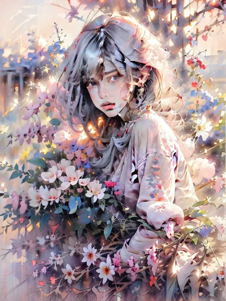((masterpiece)), ((best quality)), (ultra-detailed), ((extremely detailed)), 4K, (8K), best quality, a beautiful woman, ((beautiful light gray hair)), shiny hair, ((fluffy bob cut)), light blue eyes, freckled skin, flushed cheeks, 20 years old,
1girl,flower, Lisianthus ,in the style of light pink and light azure, dreamy and romantic compositions, pale pink, ethereal foliage, playful arrangements,fantasy, high contrast, ink strokes, explosions, over exposure, purple and red tone impression , abstract, ((watercolor painting by John Berkey and Jeremy Mann )) brush strokes, negative space,
