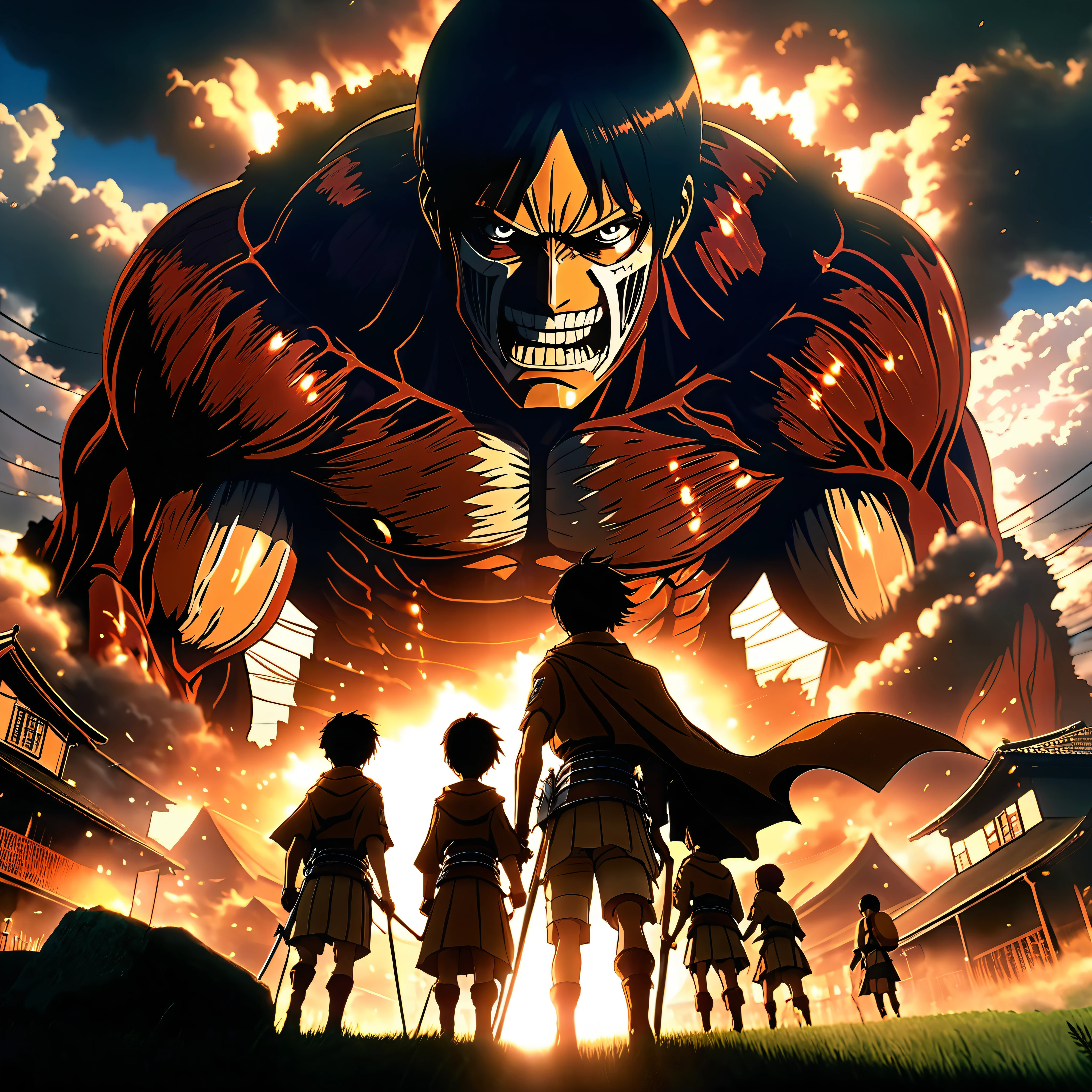 Attack on Titan, angry Giants, dark and gritty, Studio Ghibli, Anime Key Visual, by Makoto Shinkai, Deep Color, Intricate, Natural Lighting, Beautiful Composition, (32k, ultra highest quality, epic masterpiece), (ultra Realistic, ultra professional photoRealistic: 1.37), Super detailed, ultra sharp-focus, ultra highdef, ultra highres, raw, nsfw, --v 6 --s 1000 --c 20 --q 5 --chaos 100