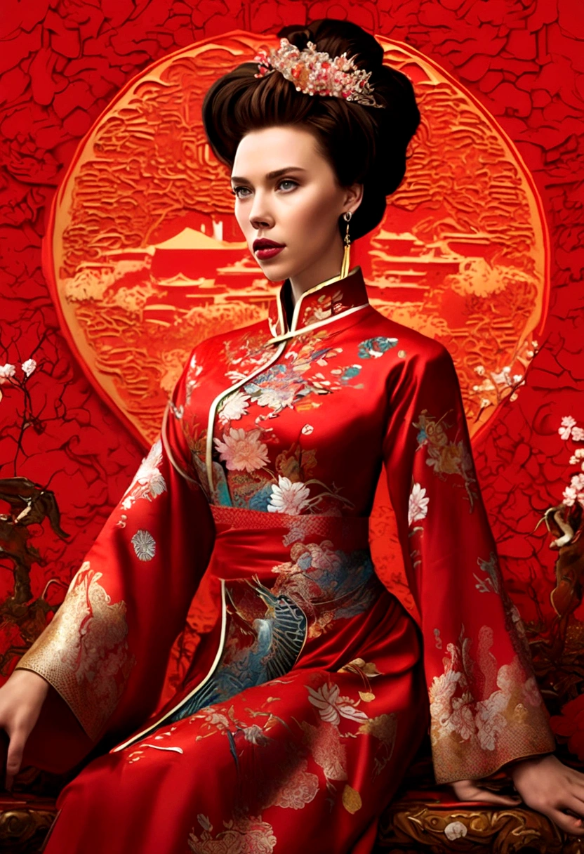 (Scarlett Johansson (age 25), dressed in a very ornate cheongsam), she is in feudal China playing the leader of a mighty merchant family. She is greeting emissaries of the empress