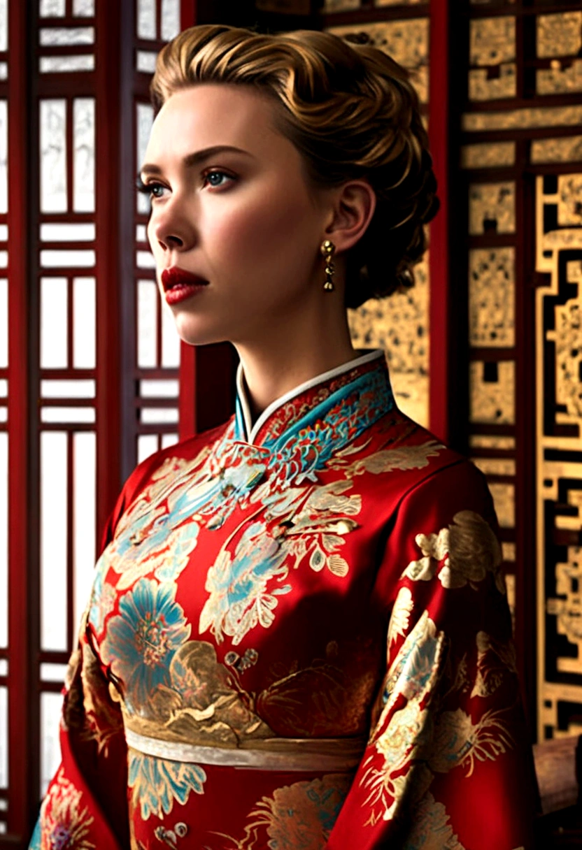 (Scarlett Johansson (age 25), dressed in a very ornate cheongsam), she is in feudal China playing the leader of a mighty merchant family. She is greeting emissaries of the empress