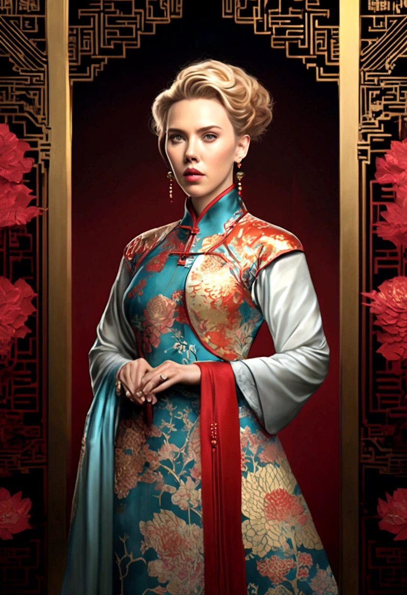 (Scarlett Johansson (age 25), dressed in a very ornate cheongsam), she is in feudal China playing the leader of a mighty merchant family. She is greeting emissaries of the empress