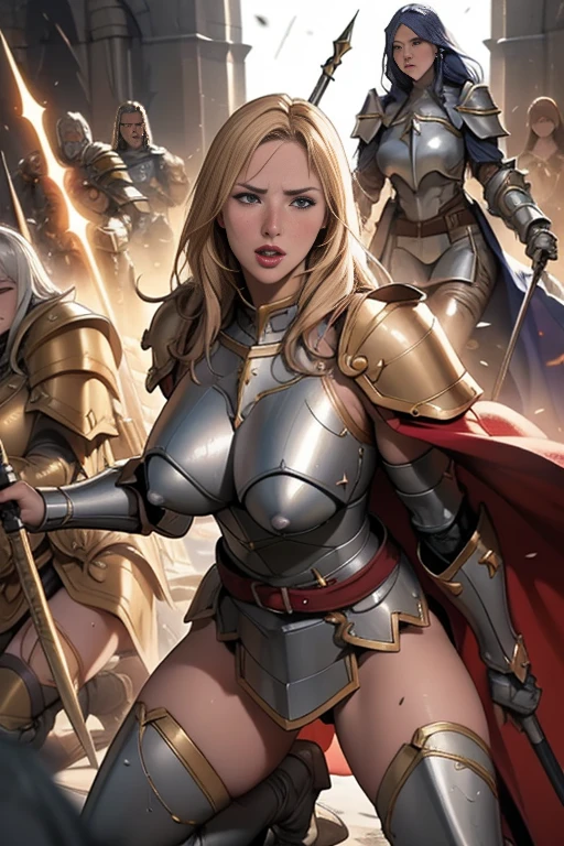 nsfw,Female Paladin, Beautiful Face, Blonde, Big Breasts, Golden Plate Armor, Broken Armor、Red cape with belt,Torn Cloak, Large two-handed mace, Soft lighting, Ultra-fine detail, photo Realistic, World of Warcraft, Highest quality,Super detailed,Realistic,(Female Paladin),(((Intense Battle)))),(Dramatic lighting),((((battlefield)))),(Sharp focus),(Paladin&#39;s Determined Look),(Thick armor),(Wielding a weapon),(Forest Background),(Epic clash),(flying debris),(martial arts),(Body movements),(High resolution textures),(Emotionally-charged combat),(Powerful Hit),(Tense atmosphere),(Fierce confrontation),(Action-packed),(Vibrant colors),(Dynamic pose),(Fearlessness),(Heroic Battle),(Muscular physique),(Warrior battle cry),(intense energy),(Paladin&#39;s Victory),(Sweat and Blood),(Hand-to-hand combat),(Paladin Dexterity),((Battle scars:1.11)),(Paladin Battle Cry),(Paladin fighting stance),(Awe-inspiring),(Detailed facial features),(Female Paladin's determination),(((Epic battle scenes:1.3))