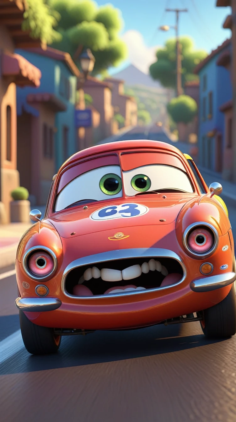 A cute and funny Pixar character, a racing car with eyes and mouth, on the road, (best quality,4k,8k,highres,masterpiece:1.2),ultra-detailed,(realistic,photorealistic,photo-realistic:1.37),bright colors,dynamic lighting,highly detailed,intricate details,incredibly realistic,Pixar style,endearing expression,emotive eyes,anthropomorphic,sleek aerodynamic design,vibrant colors,glossy paint finish,motion blur,dramatic shadows,cinematic lighting