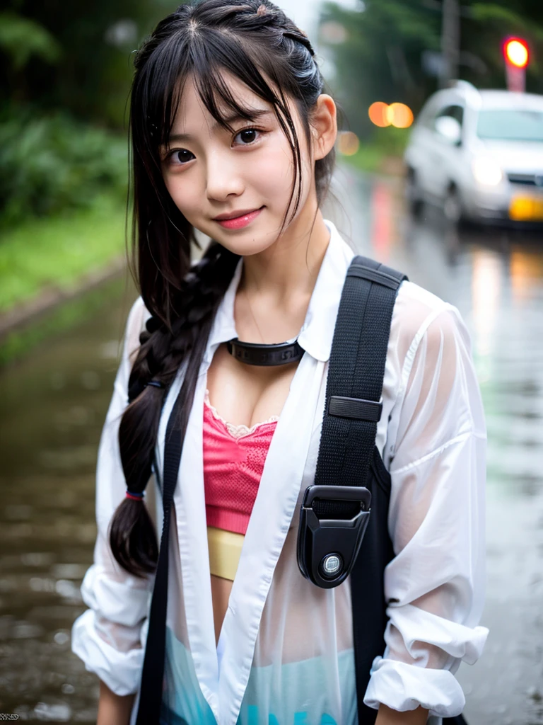 songkran,Wet roads , soaked through,drenched, Dripping, Wet Face,Wet clothes, Wet Skin, Wet Hair,A young woman with a cute face like an idol,chest,chest元が見えるデザインのメイド服,cling,RAW Photos,Genuine,Genuine,High resolution,RAW Photos,masterpiece, Genuineistic, beautiful