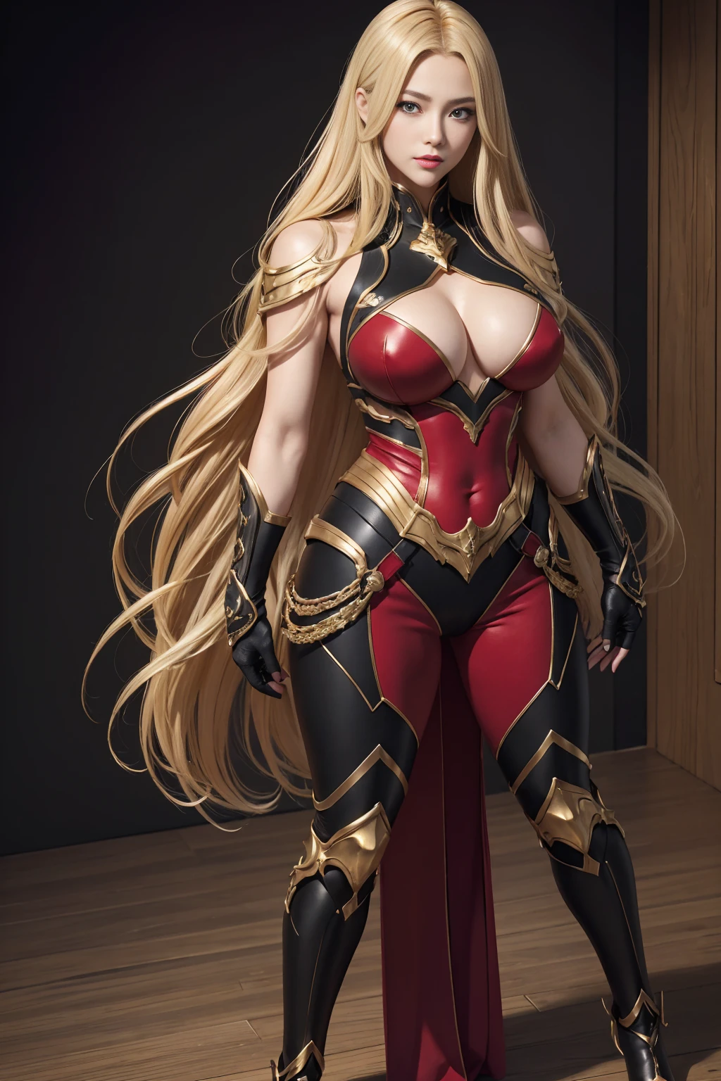 ((Full body photo, standing, feet on the ground)) ((8K,High image quality High image quality、Artwork:1.4))、1 person、、Long blonde hair、gradient hair、Demon Hunter Super Gorgeous、Beautiful expression、red lips,beautiful eyeodels with big breasts、perfect face shape、Black and red sexy chest armor、Black and red pants and legs extended,With a wide variety,golden decoration,realistic proportions、pose dynamic、Advanced details、complex、complex details、realistic eyes、realistic eyesのプロポーション、sharp focus、32k、realistic lighting、Extreme details、realistic student、realistic proportion eyes、realistic proportions students、realistic shadow、Evasion,