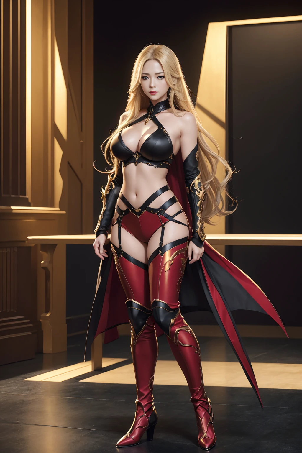 ((Full body photo, standing, feet on the ground)) ((8K,High image quality High image quality、Artwork:1.4))、1 person、、Long blonde hair、gradient hair、Demon Hunter Super Gorgeous、Beautiful expression、red lips,beautiful eyeodels with big breasts、perfect face shape、Black and red sexy chest armor、Black and red pants and legs extended,With a wide variety,golden decoration,realistic proportions、pose dynamic、Advanced details、complex、complex details、realistic eyes、realistic eyesのプロポーション、sharp focus、32k、realistic lighting、Extreme details、realistic student、realistic proportion eyes、realistic proportions students、realistic shadow、Evasion,