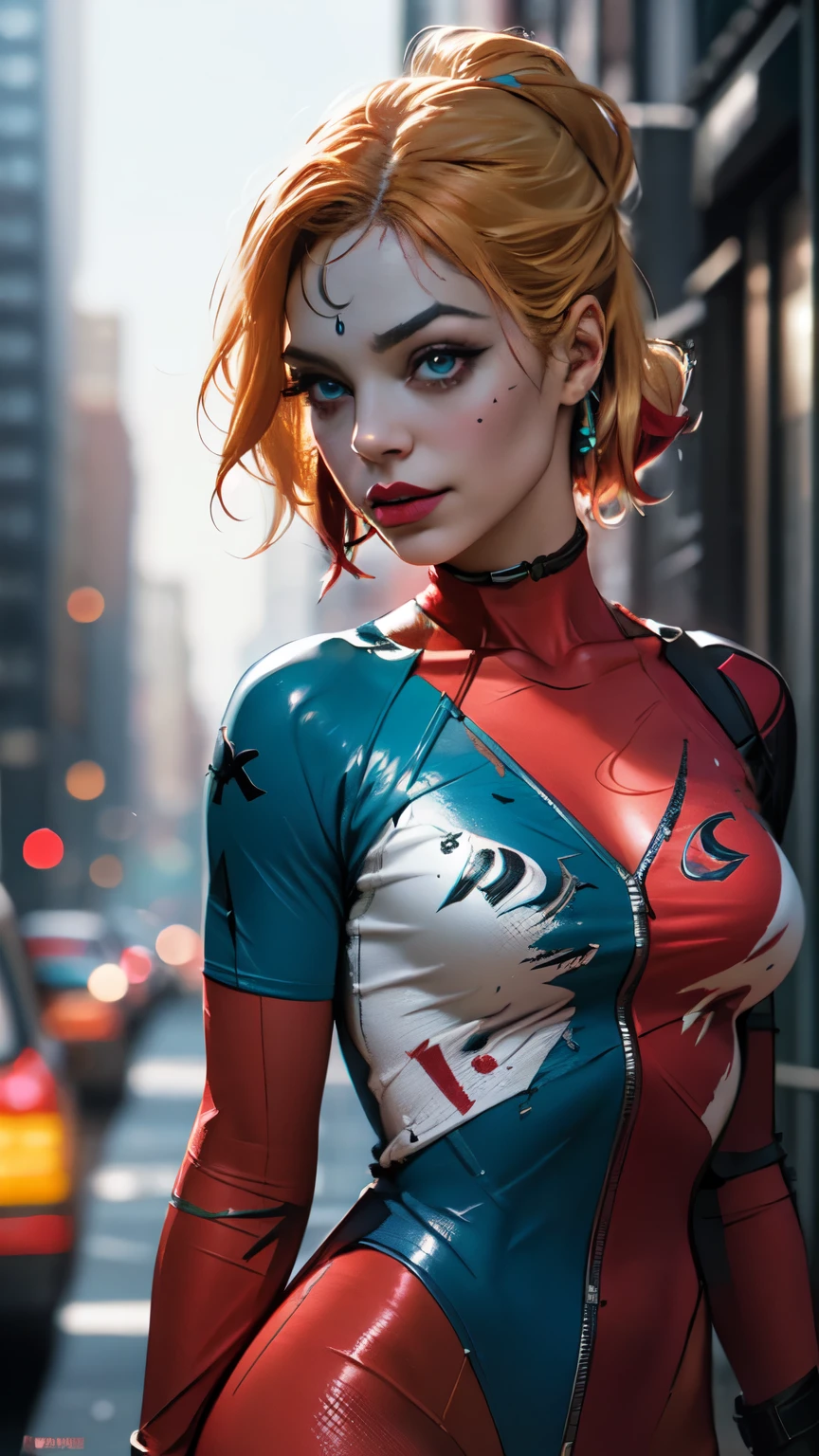 Fictional female villain from Marvel, (detailed beautiful female face, beautiful eyes, eyeshadow), ((a mix of Harley Quinn, Mystique and Phantom Lady faces and clothes)), New York and Manhattan cityscape, dynamic movement, best quality, masterpiece: 1.3, 8k, realistic, photorealistic: 1.5, ultra detailed, best quality, ultra high resolution, pose, blonde, messy hair, long hair blowing in the wind, professional lighting, (bokeh: 1.2), 1 female, solo,