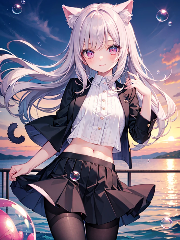 masterpiece,highest quality,Highly detailed face,fine grain,Waterfront,Bubble,Sparkling eyes,Highlighted eyes,Medium chest,pretty girl,smile,Cat ear,Beautiful silver hair,Pink inside,Beautiful pink eyes,Oversized shirt、skirt、black tights, Crop top outfit
