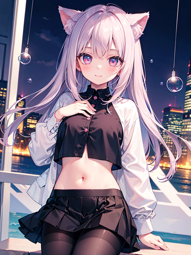 masterpiece,highest quality,Highly detailed face,fine grain,Waterfront,Bubble,Sparkling eyes,Highlighted eyes,Medium chest,pretty girl,smile,Cat ear,Beautiful silver hair,Pink inside,Beautiful pink eyes,Oversized shirt、skirt、black tights, Crop top outfit
