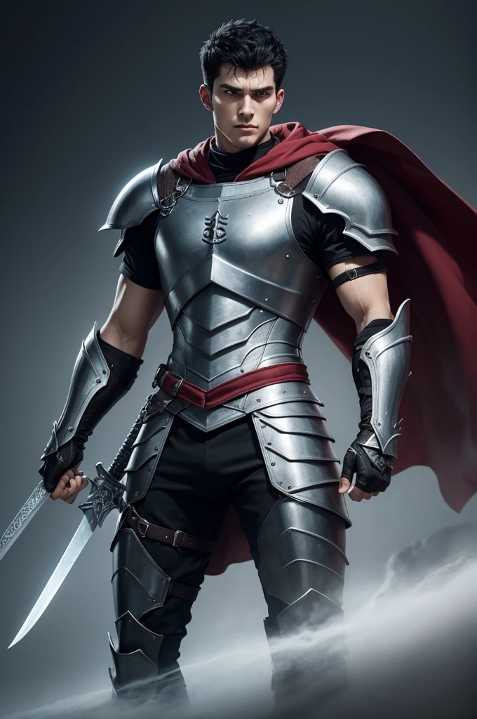 Make a picture of a 23 year old athletic man Tall man with short black hair , a modern medieval armor with shoulder pads and armlets An exaggeratedly large sword in his right hand He looks like Berserk Guts Make him with a square and strong face 