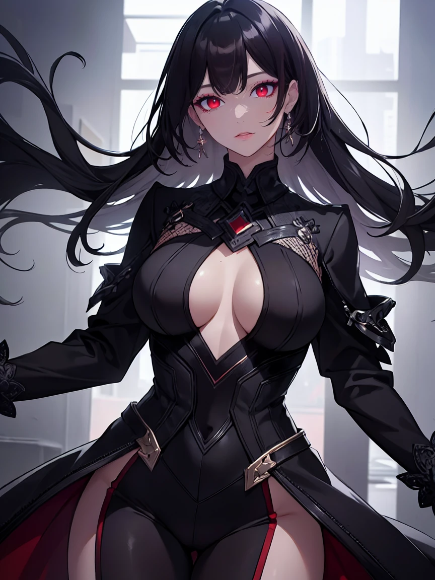 (Uhd, Masterpiece, Textured Skin, Super Detail, High Details, High Quality, Best Quality), ((elegant black outfit)), impressive pose, (red eyes), (black hair), Attractive make-up, High definition, work of art, precise, anatomical, scientifically correct, Textured skin, super detail, highly detailed, high quality, award-winning, maximum quality, high definition, 1080P, high definition, 4k, 8k, 16k