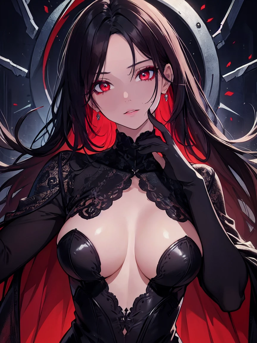 (Uhd, Masterpiece, Textured Skin, Super Detail, High Details, High Quality, Best Quality), ((elegant black outfit)), impressive pose, (red eyes), (black hair), Attractive make-up, High definition, work of art, precise, anatomical, scientifically correct, Textured skin, super detail, highly detailed, high quality, award-winning, maximum quality, high definition, 1080P, high definition, 4k, 8k, 16k