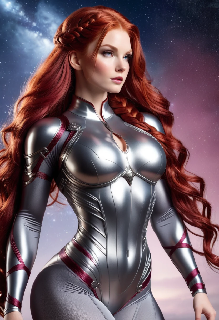 BOMBSHELL RED HAIR VALKYRIE, PALE SKIN, LIGHT GRAY EYES, HIGH CHEEKBONES, ROSY CHEEKS, MENTAL FORAMEN, HUGE LONG HAIR, DOUBLE BRAID HAIR, SILVER THONG LEOTARD ARMOUR, LONG SLEEVES, BORDEAUX UNDER BODYSUIT, NECK BODYSUIT, LONG SILVER GAUNTLETS, ATHLETIC CURVY BODY, DETAILED QUADRICEPS, MUSCLES, SIDE BODY VIEW, FULL BODY PERSPECTIVE, SPRITE LIGHTINGS, NIGHT SKY, ACCURATE IMAGE, MASTERPIECE.