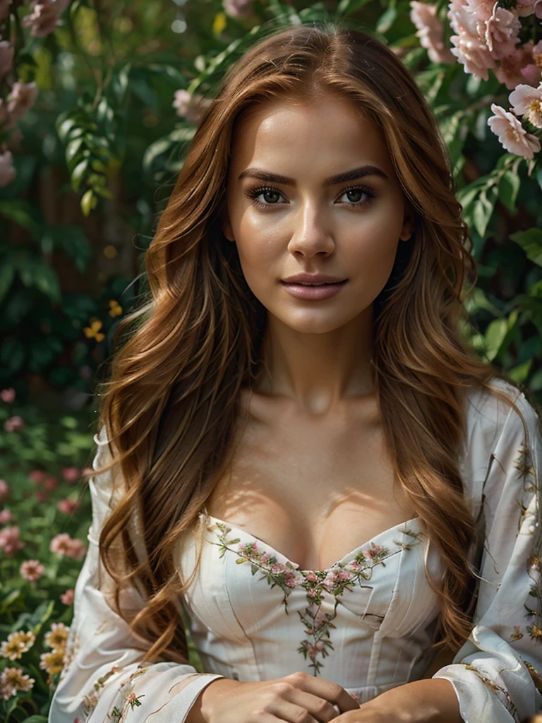 Generate an extremely photorealistic image of a gorgeous professional female Instagram influencer model with long reddish-blonde hair, captivating eyes, sitting in a lush garden, surrounded by blooming flowers, wearing a flowy dress, and looking serene. The scene should feature lifelike textures and details, with the soft lighting of the afternoon sun illuminating her serene expression and the vibrant, blooming flowers. Keywords: 64K, photorealistic, UHD, hyper-detailed, HDR, professional photography, realistic rendering, lifelike, serene, blooming flowers.

Keywords: Photorealistic, Cinematic, full-body portrait, gorgeous professional female Instagram influencer model, long reddish-blonde hair, captivating eyes, meticulously rendered, textures, realistic lighting and shadows, cinematic composition, lifelike, immersive, beauty.