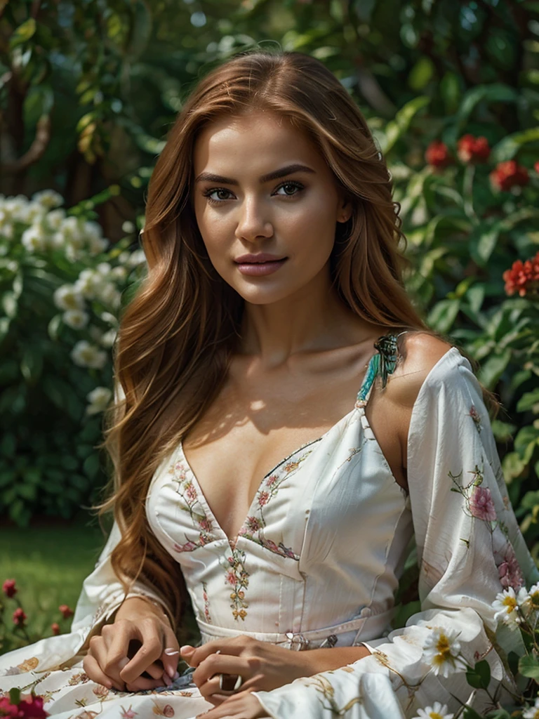 Generate an extremely photorealistic image of a gorgeous professional female Instagram influencer model with long reddish-blonde hair, captivating eyes, sitting in a lush garden, surrounded by blooming flowers, wearing a flowy dress, and looking serene. The scene should feature lifelike textures and details, with the soft lighting of the afternoon sun illuminating her serene expression and the vibrant, blooming flowers. Keywords: 64K, photorealistic, UHD, hyper-detailed, HDR, professional photography, realistic rendering, lifelike, serene, blooming flowers.

Keywords: Photorealistic, Cinematic, full-body portrait, gorgeous professional female Instagram influencer model, long reddish-blonde hair, captivating eyes, meticulously rendered, textures, realistic lighting and shadows, cinematic composition, lifelike, immersive, beauty.