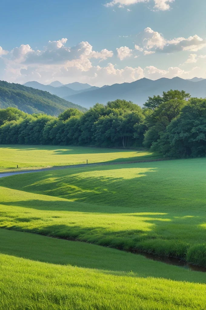 Grass and trees are blowing in the strong wind on the vast grassland。A meadow with a stream、Nobody is here、There is no one、Landscape painting、No person required、No building required、Only trees and grass are needed